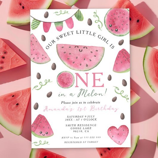 メロンかわいいスイカの女の子1歳の誕生日 招待状