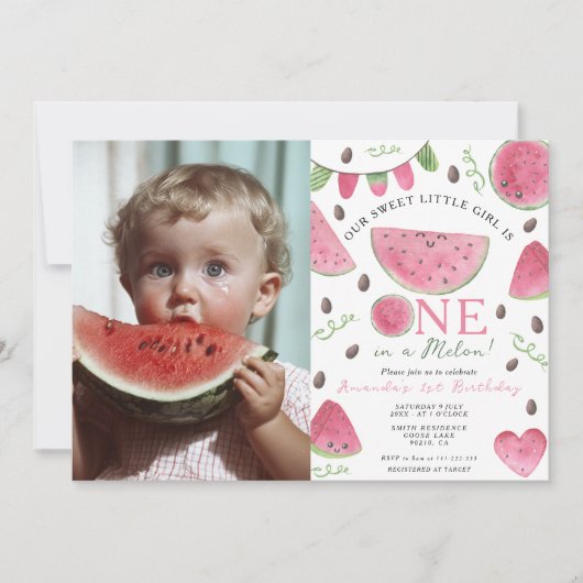 メロンかわいいスイカの女の子1歳の誕生日 招待状 (正面)