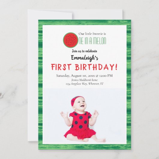 メロンにひとつだけの写真付き誕生日カード 一歳の誕生日 招待状 (正面)