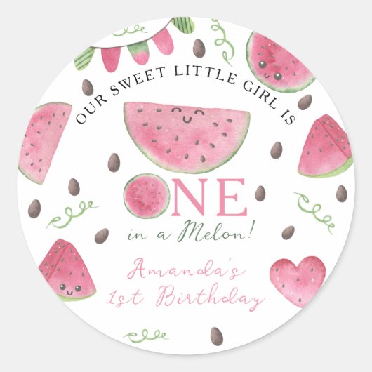 メロンにひとつだけの可愛いスイカ女子1歳の誕生日 ラウンドシール (正面)