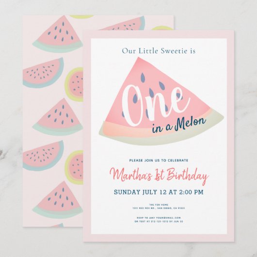 メロンにひとり 白い 1歳の誕生日 招待状 (正面/裏面)