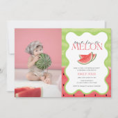 メロンに入った人 | ピンクグリーン写真第1誕生日 招待状 (正面)