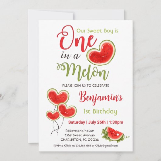 メロンに1つ1つ誕生日の男の子の招待状 招待状 (正面)