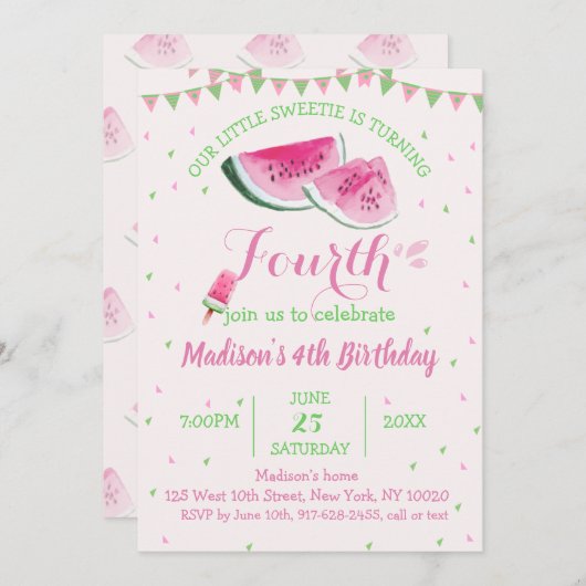 メロンのかわいいスイカの4誕生日 招待状 (正面/裏面)