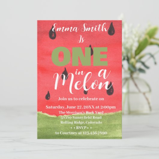 メロンのスイカに一つ1歳の誕生日 招待状 (スタンド正面)