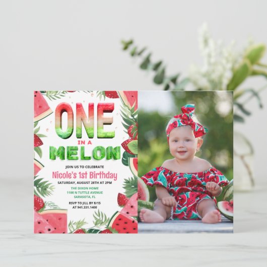 メロンのスイカに1つ1つ誕生日の写真 招待状 (スタンド正面)