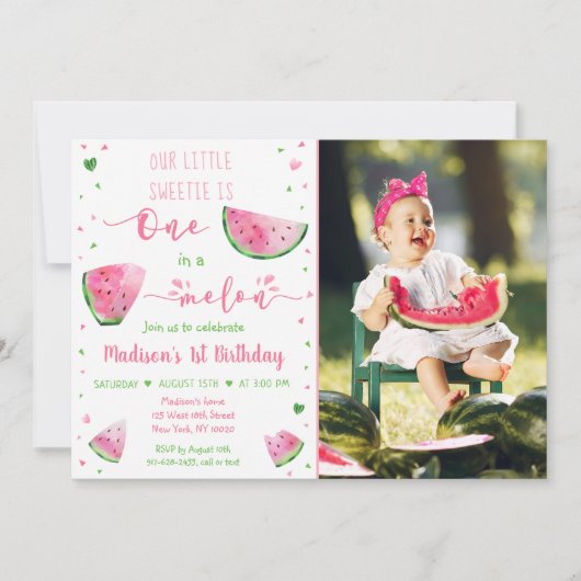 メロンのスイカのピンクの緑の誕生日に1つ 招待状 (正面)