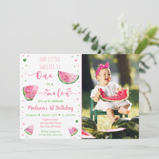 メロンのスイカのピンクの緑の誕生日に1つ 招待状 (スタンド正面)