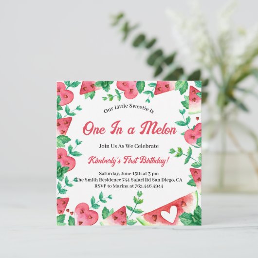 メロンのスイカの夏の一歳の誕生日 招待状 (スタンド正面)