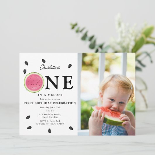 メロンのスイカの夏の写真誕生日 招待状 (スタンド正面)