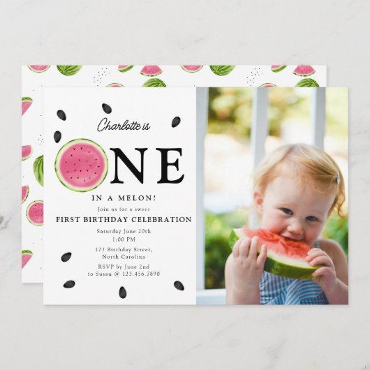 メロンのスイカの夏の写真誕生日 招待状 (正面/裏面)