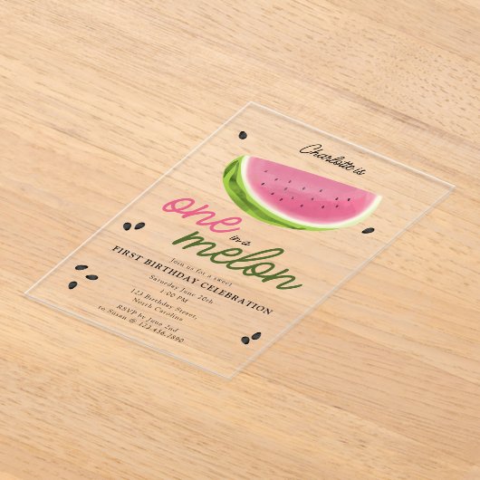 メロンのスイカの夏の1歳の誕生日 アクリル招待状 (レイダウン)