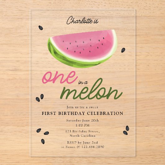 メロンのスイカの夏の1歳の誕生日 アクリル招待状 (正面)
