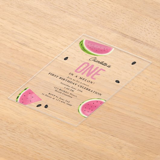 メロンのスイカの夏誕生日に1つ アクリル招待状 (レイダウン)