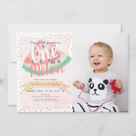 メロンのスイカの女の子で1つ写真1歳の誕生日 招待状 (正面)