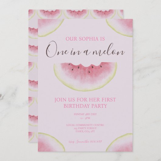メロンのスイカの最初の誕生日に1つ 招待状 (正面/裏面)
