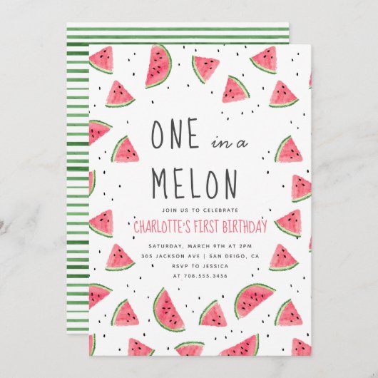 メロンのスイカの最初の誕生日パーティーで1人 招待状 (正面/裏面)