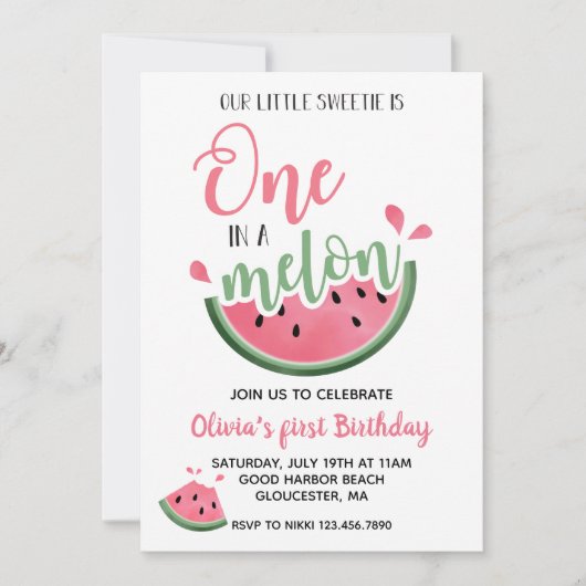 メロンのスイカの最初の誕生日 招待状 (正面)