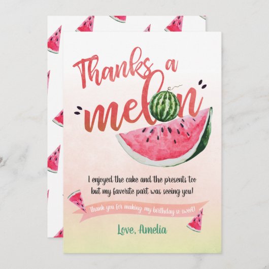 メロンのスイカの最初誕生日の1つは感謝していしています サンキューカード (正面/裏面)