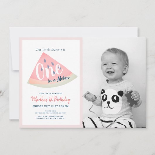 メロンのスイカの白1歳の誕生日の写真 招待状 (正面)