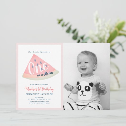 メロンのスイカの白1歳の誕生日の写真 招待状 (スタンド正面)