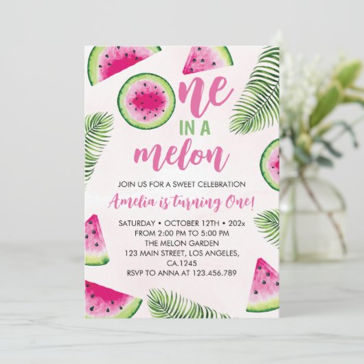 メロンのピンクとグリーンの誕生日招待状 招待状 (スタンド正面)