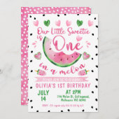 メロンのピンク色の緑の黒い1歳の誕生日 招待状 (正面/裏面)