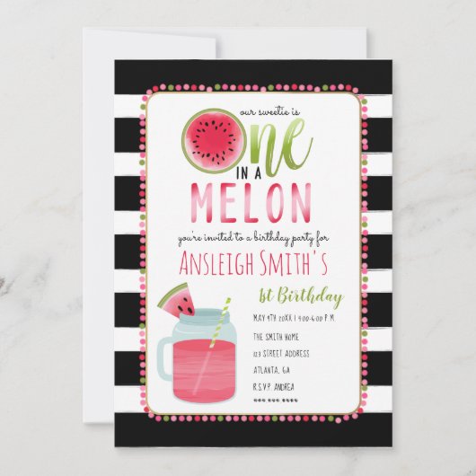 メロンのメイスンの瓶の中の一つは最初の誕生日 招待状 (正面)