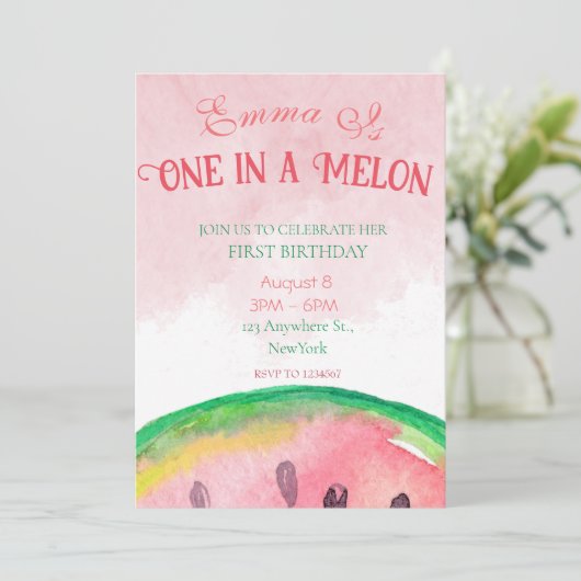 メロンの一つ1歳の誕生日招待状と写真 招待状 (スタンド正面)