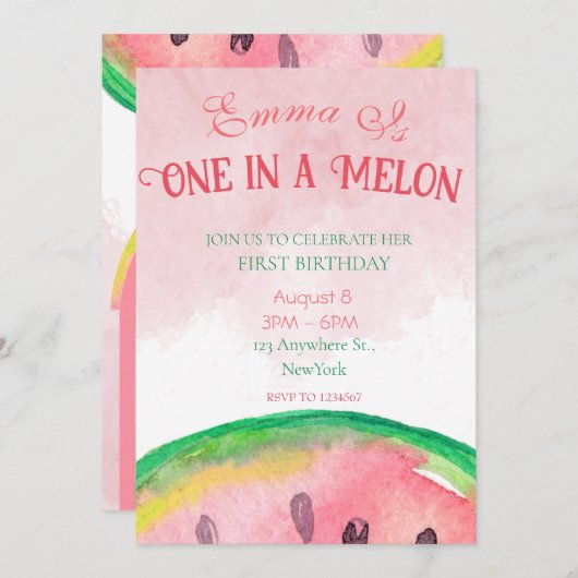 メロンの一つ1歳の誕生日招待状と写真 招待状 (正面/裏面)