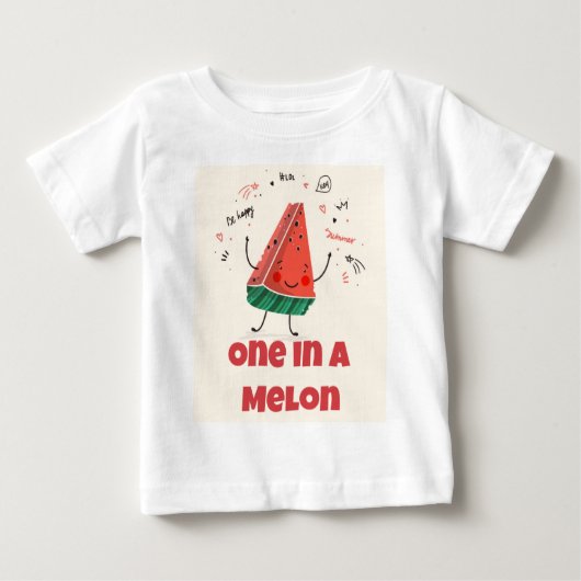 メロンの中でひと際目立つ - スイカ デザイン + 幸せな背中 ベビーTシャツ (正面)
