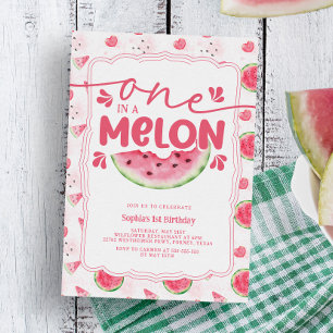 メロンの中で1人 ピンクのワ watermelon 1歳の誕生日パーティー 招待状