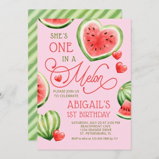 メロンの中で1歳の誕生日 招待状 (正面/裏面)