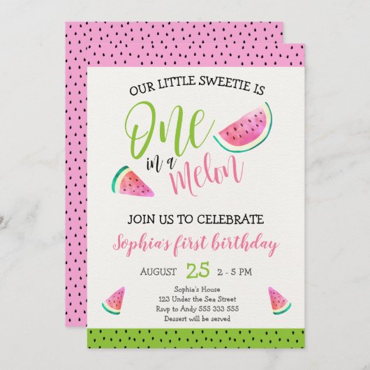 メロンの女の子にピンクの女の子が誕生日1歳のかわいい 招待状 (正面/裏面)