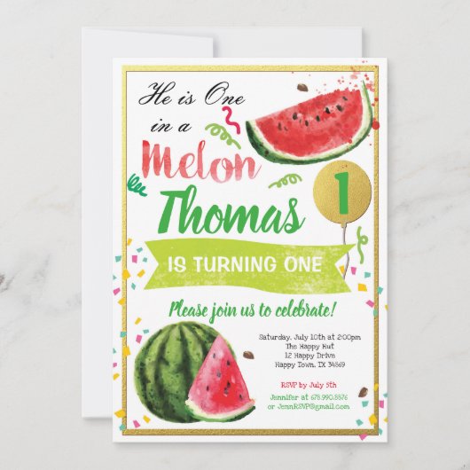メロンの最初の誕生日の招待状に1つ 招待状 (正面)