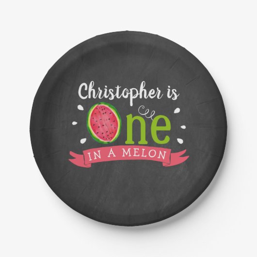 メロンの黒板に1つ1歳の誕生日 ペーパープレート (正面)