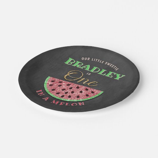 メロンの黒板に1つ1歳の誕生日 ペーパープレート (アングル)
