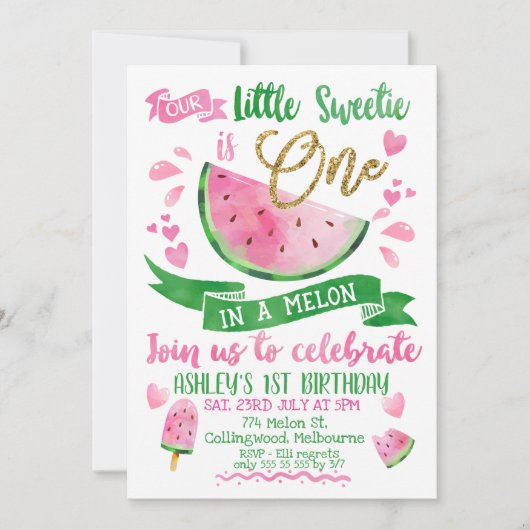 メロンをテーマにしたピンク色の1歳の誕生日招待状 招待状 (正面)