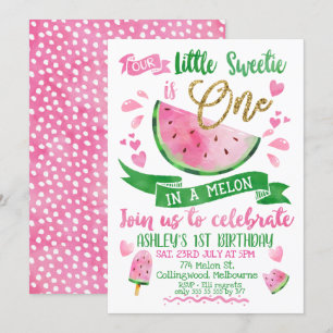 メロンをテーマにしたピンク色の1歳の誕生日招待状 招待状