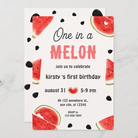 メロンウォーターの色の一つ最初の誕生日 招待状 (正面/裏面)