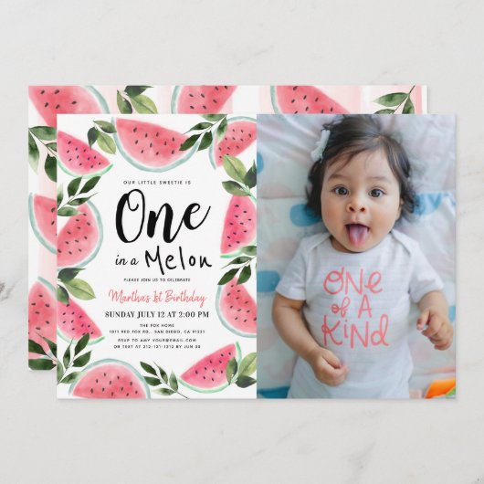 メロンウォーターの色の1つ最初の誕生日の写真 招待状 (正面/裏面)