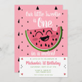 メロンスイカの女の子の1歳の誕生日にピンクのワン 招待状 (正面/裏面)