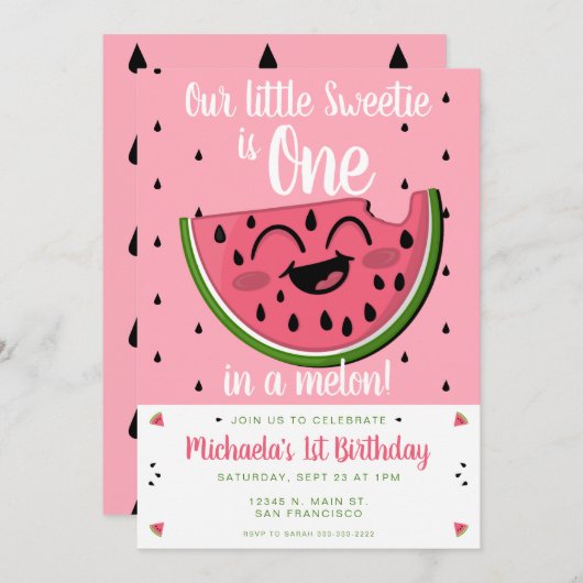 メロンスイカの女の子の1歳の誕生日にピンクのワン 招待状 (正面/裏面)