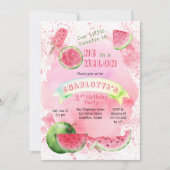 メロンピンクのスイカに1つ1歳の誕生日パーティー 招待状 (正面)