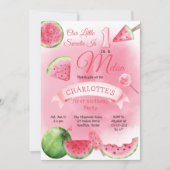 メロンピンクのスイカに1つ1歳の誕生日パーティー 招待状 (正面)