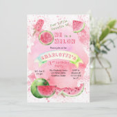 メロンピンクのスイカに1つ1歳の誕生日パーティー 招待状 (スタンド正面)