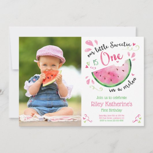 メロンピンクの1歳の誕生日フォト招待状 招待状 (正面)