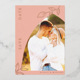 メロンピンクアーチフォイル葉デイトカードを保存 箔招待状