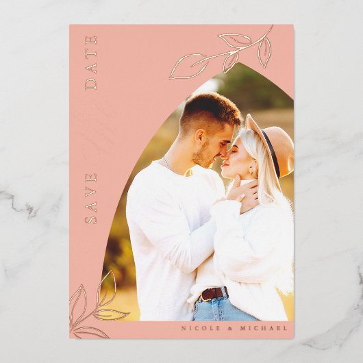 メロンピンクアーチフォイル葉デイトカードを保存 箔招待状 (正面)