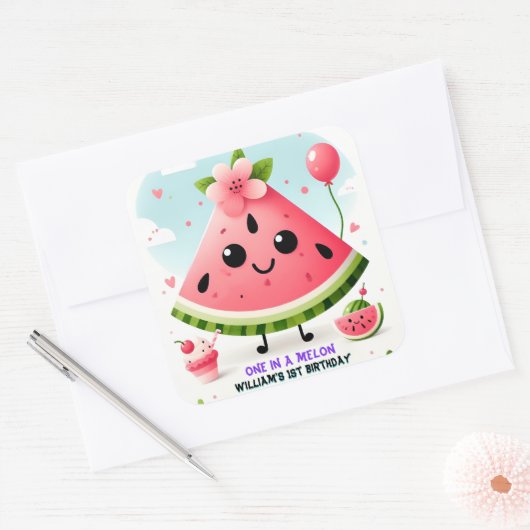 メロンファースト1歳の誕生日にピンクの夏の一つ スクエアシール (封筒)